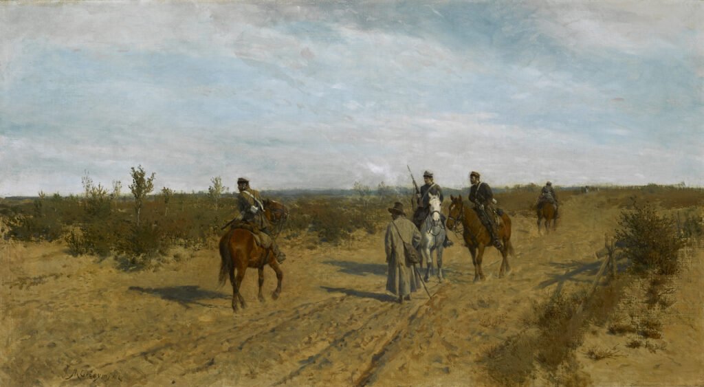 MP 418; Gierymski, Maksymilian (1846-1874) (malarz); Patrol powstańczy; ok. 1873; olej; płótno; 60 x 108 [79 x 127 x 9]